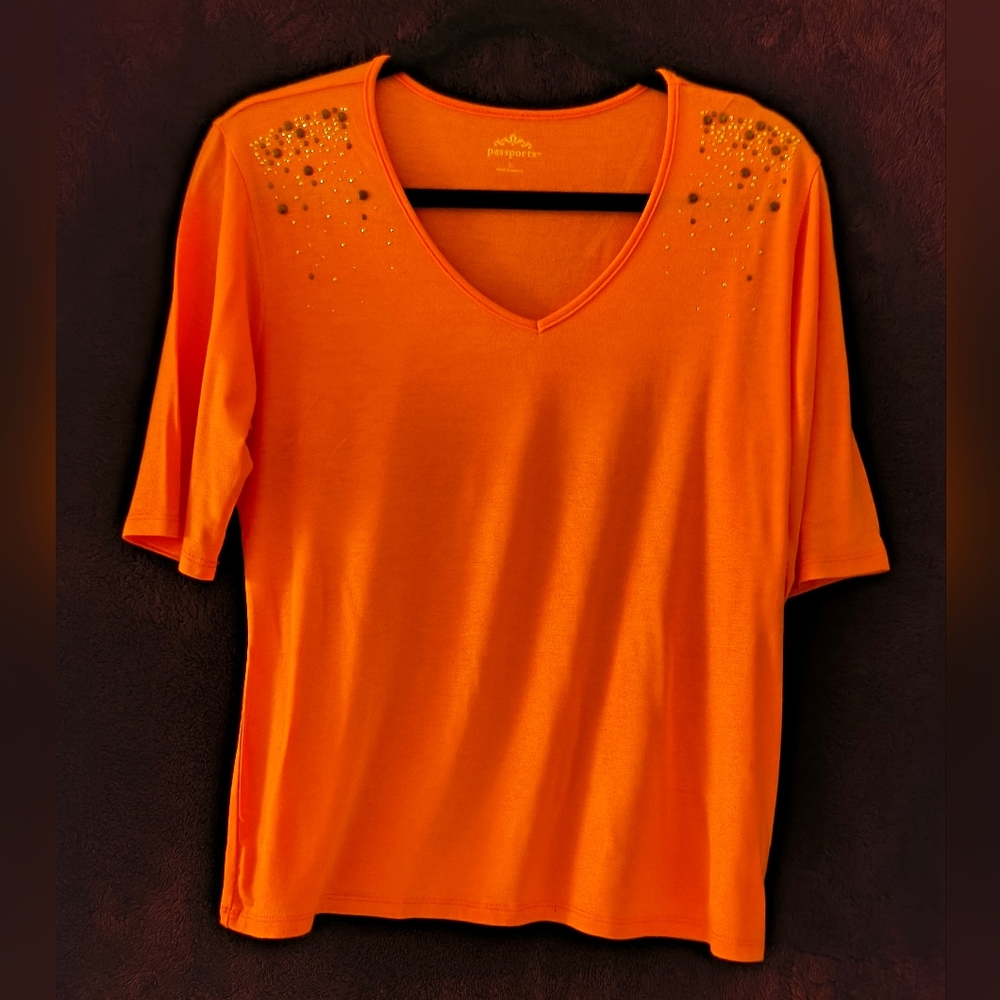 Orange V-Neck Embellished Women's Top